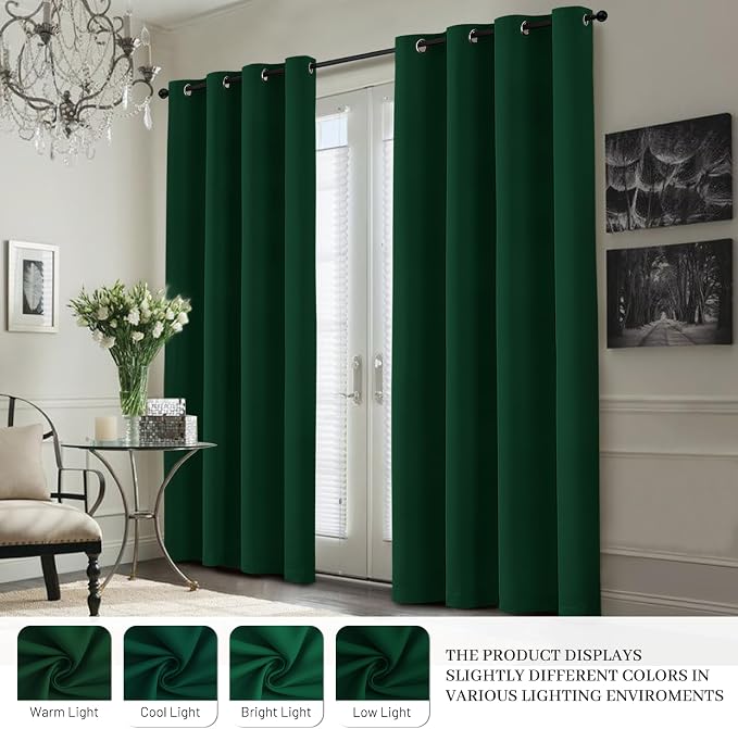 Yakamok Dark Green 100% Blackout Curtains 63 Inches Long 50" Wide 2 Panels | Blackout Curtain Panels for Bedroom, 2 Thick Layers Grommet Top Thermal Insulated Drapes with White Back for Living Room