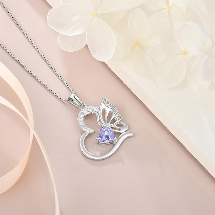 Butterfly Necklace for Women 925 Sterling Silver Heart Pendant Birthstones Jewelry Gift
