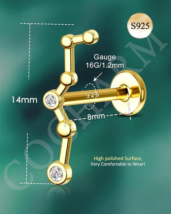 COCHARM 925 Sterling Silver Cartilage Helix Earring Stud 16g 6mm 8mm Flat Back Helix Piercing Jewelry Constellation Cartilage Jewelry for Women Man