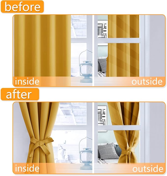 Hiasan Grommet Blackout Curtains for Bedroom, 60 x 72 Inches - Thermal Insulated & Light Blocking Window Drapes for Living Room/Dorm Room, Set of 2 Panels Sewn with Tiebacks, Mustard Yellow