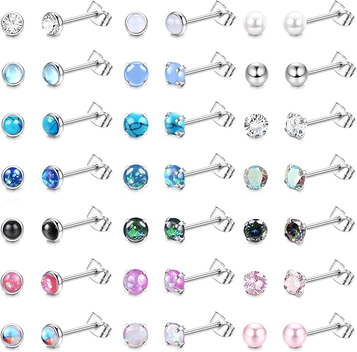 YADOCA 21 Pairs Hypoallergenic Surgical Steel Stud Earrings for Women Men Tiny Small CZ Opal Moonstone Turquoise Earrings Studs Set Piercing Jewelry