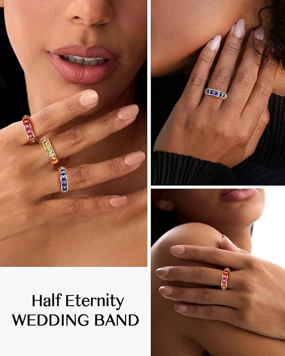 DAYBYDAY Oval Band Rings for Women, 925 Sterling Silver/14k Gold Plated Half Eternity Ring, Aquamarine/Ruby/Emerald/Sapphire Birthstone Rings, Thick Band Gemstone Anniversary Ring Size 6 to 10