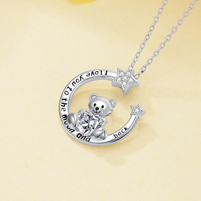 PELOVNY Teddy Bear Necklace for Women 925 Sterling Silver Bear/Highland Cow/Fox/Cat/Axolotl Birthstone Necklace Christmas Birthday Jewelry Gifts for Mom Daughter Wife Sister
