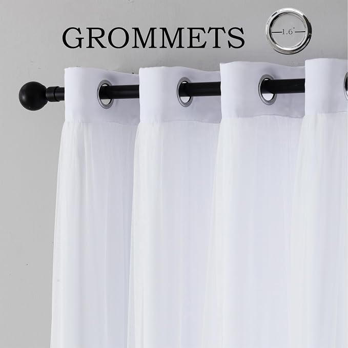 INLINAS Greyish White Blackout Curtains with Sheer Overlay - Grommet Top Thermal and Noise Reduction Panels for Bedroom and Living Room Light Blocking and Energy Saving, 52 x 108 Inches, Set of 2