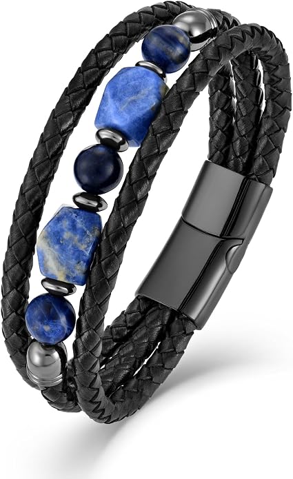 Mens Turquoise/Lapis Lazuli/Tiger Eye/Black Agate/Obsidian Leather Braided Bracelets for Father's Day/Birthdays/Graduation Jewelry Wristband Cuff Bracelet with Stainless Steel Clasp