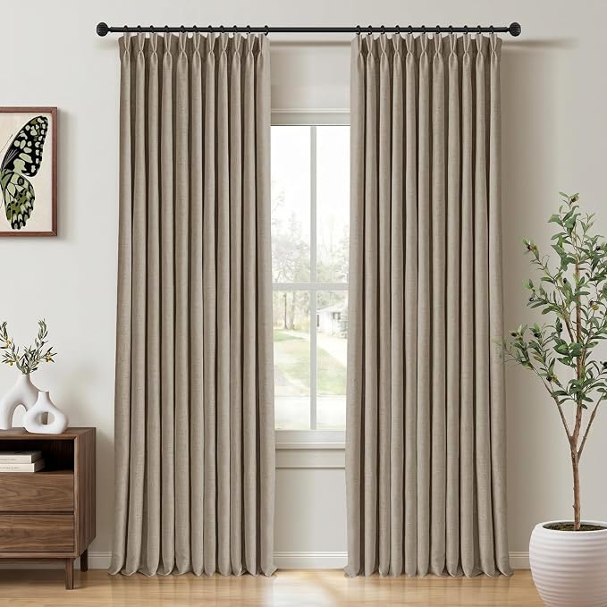 CAPALOCA Burlywood Birch Linen Pinch Pleated Curtains for Sliding Glass Door, 100% Blackout Extra Wide Curtains 84 Inch Long, Thermal Insulated Drapes for Living Room, 70" W x 84" L, 2 Panels