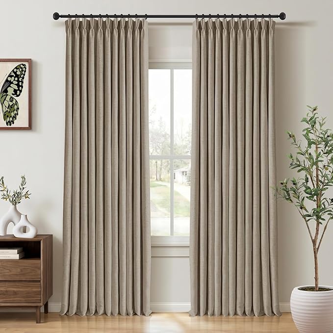 CAPALOCA Burlywood Birch Linen Pinch Pleated Curtains Blackout, 100% Black Out Curtains 108 inch Long for Bedroom, Thermal Insulated Pinch Pleated Drapes for Living Room, 40" W x 108" L, 2 Panels Set