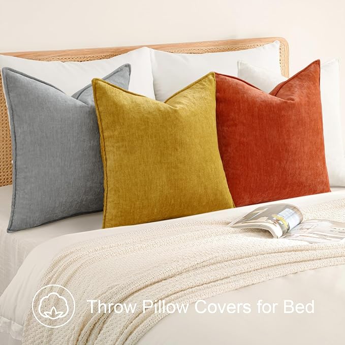 decorUhome Set of 4 Chenille Throw Pillow Covers 18x18(Cream/Rust) | Couch Decorative Soft Neutral Pillow Covers with Elegant Design for Living Room Bed Sofa
