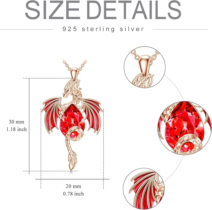 Dragon Necklace for Men Sterling Silver Birthstone Wyvern Necklace Embllished with Teardrop Shaped Crystal Jewelry for Women