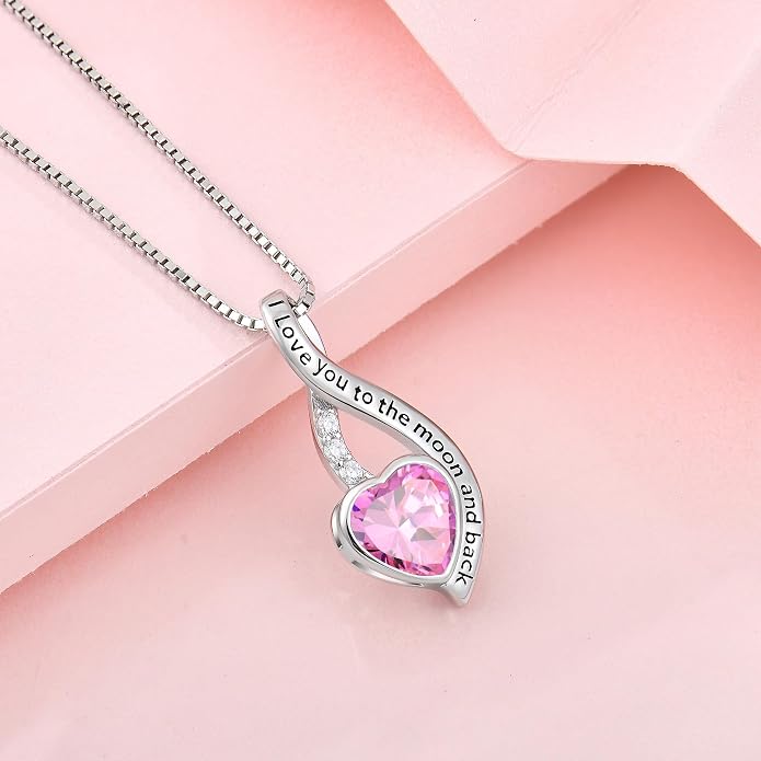I Love You to The Moon and Back Necklace for Women, 925 Sterling Silver Heart Birthstone Pendant Necklace Jewelry Anniversary Birthday Gifts for Girls Women Wife Mom Daughter