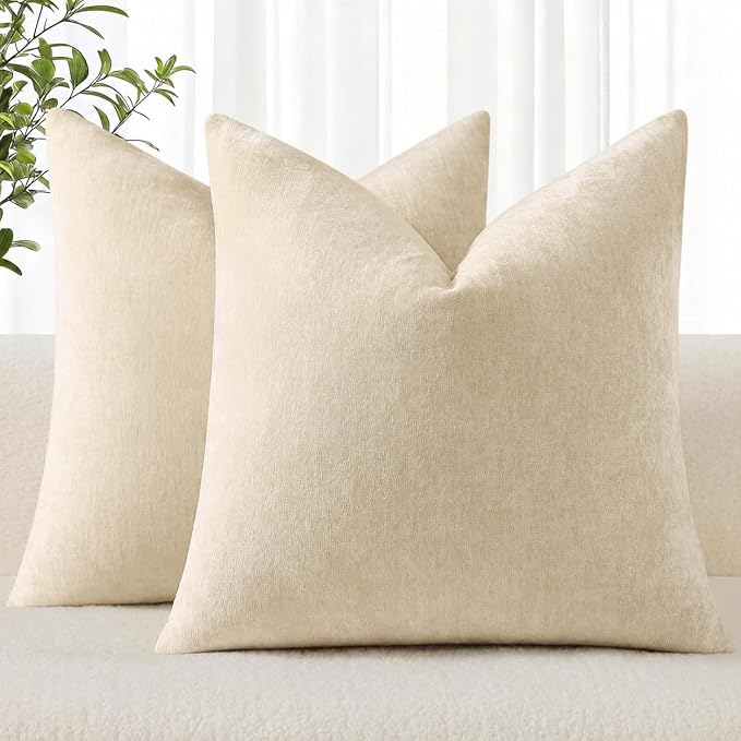 decorUhome Soft Chenille Beige Throw Pillow Covers 16X16 Set of 2 | Decorative Fall Couch Pillow Covers Solid Dyed Accent Modern Farmhouse Neutral Square Pillow Cases for Sofa