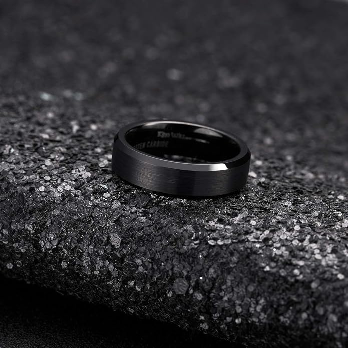 King Will Tungsten Men's Wedding Ring - Available in 6mm to 10mm, Black/Silver, Matte Finish, Beveled Polished Edge, Comfort Fit
