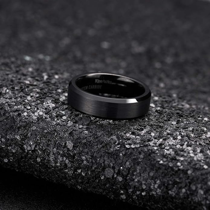 King Will Tungsten Men's Wedding Ring - Available in 6mm to 10mm, Black/Silver, Matte Finish, Beveled Polished Edge, Comfort Fit
