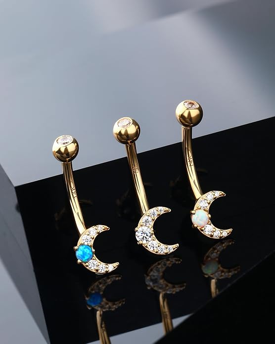 Jewseen 14K Gold Belly Button Rings Moon Belly Rings CZ Belly Button Piercing Opal Navel Rings Navel Piercing Jewelry for Women