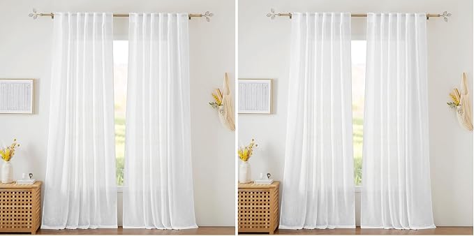 RYB HOME Linen Sheer Curtains for Living Room Textured Semi Sheer Curtains Large Window Treatment for Bedroom Patio Door, White, 52 inch Width x 108 inch Length, 2 Panels (Pack of 2)