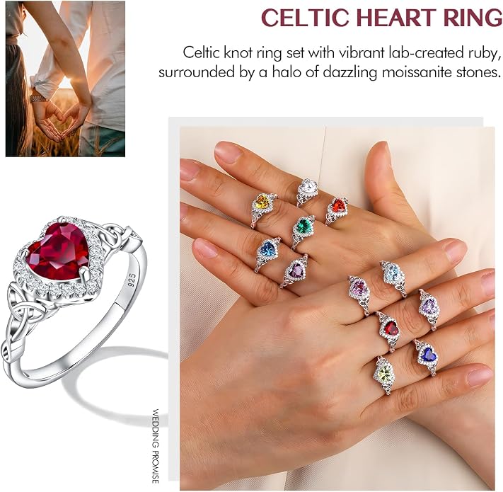 DAYBYDAY Celtic Birthstone Rings for Women 925 Sterling Silver Heart/Round/Pear/Oval Created Gemstone Moissanite Halo Engagement Promise Rings for Her Wife Birthday Anniversary Wedding Jewelry
