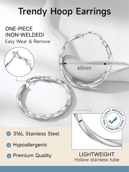 Stainless Steel Chunky Hoop Earrings For Women, Minimalist and Chic, Black/Gold Plated, Round Hoops Earrings Hypoallergenic, Size: 30mm/40mm/60mm/80mm, Come with Box