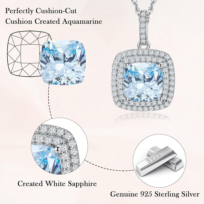 Birthstone Necklace for Women 925 Sterling Silver Cushion/Pear Cut Created Gemstone Halo Pendant Necklace Birthstone Jewelry