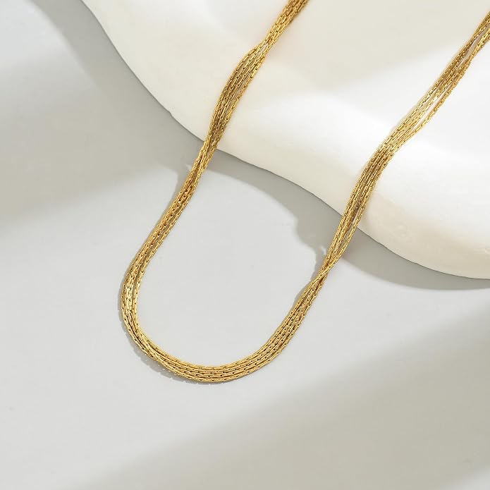 18K Gold Plated Layered Herringbone Necklaces for Women Dainty Layering Beaded Snake Chain Choker Moon Coin Pendant Necklace Trendy Stainless Steel Jewelry