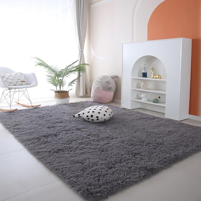 Gray Area Rug for Bedroom 3x5 - Fluffy Soft Carpet Bedside Dorm | Plush fuzzy soft carpet for college girls dorm - Non-slip bedside rug - Shag rug for living room - Memory foam comfort
