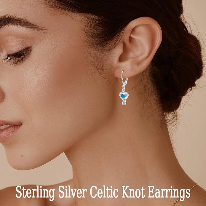 Real 925 Sterling Silver Trendy Dangle Earrings for Women | White Gold Plated | Hypoallergenic Turquoise/Black Onyx/Opal Filigree Jewelry Lightweight Celtic Lover Knot Leverback Earrings Gifts