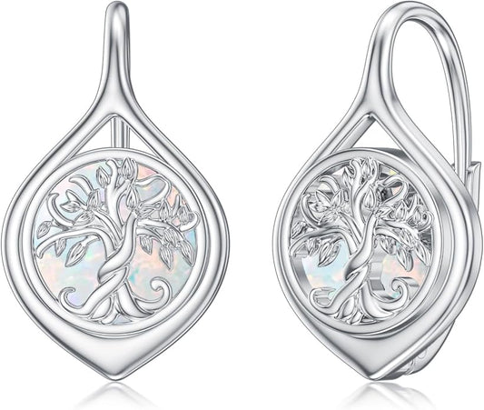 WINNICACA Leverback Earrings for Women 925 Sterling Silver Tree of Life Earrings Dangle Drop Turquoise Moonstone Moss Agate Heart Jewelry Gifts for Women Her Wife Anniversary Birthday Gifts