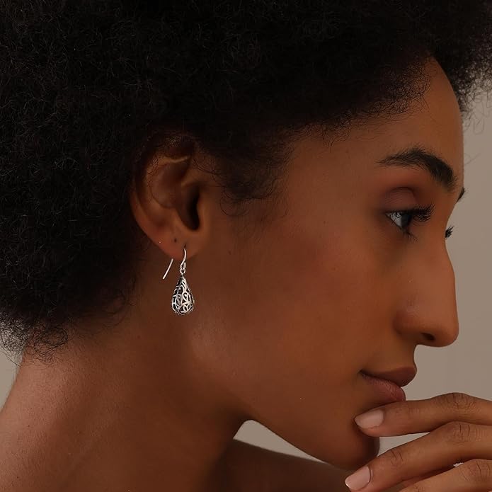 LeCalla 925 Sterling Silver Filigree Dangle Drop Earrings | Lightweight Antique Balinese Teardrop Dangle Drop Earring for Women