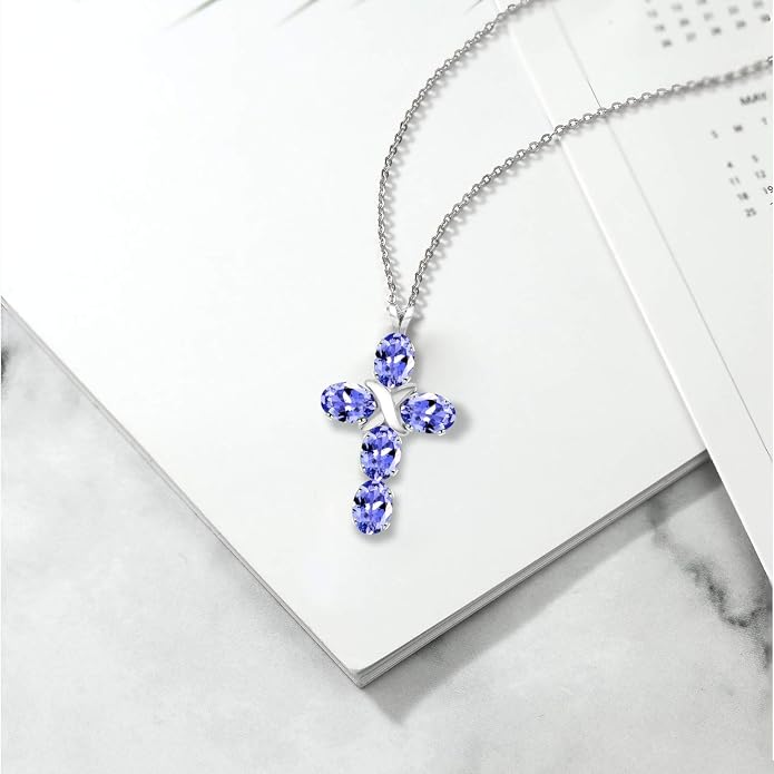 Gem Stone King Cross Pendant Necklace for Women | 925 Sterling Silver | 6X4MM Gemstone Birthstone | Jesus Christian Religious Crucifix Jewelry Gifts | 18 Inch Chain