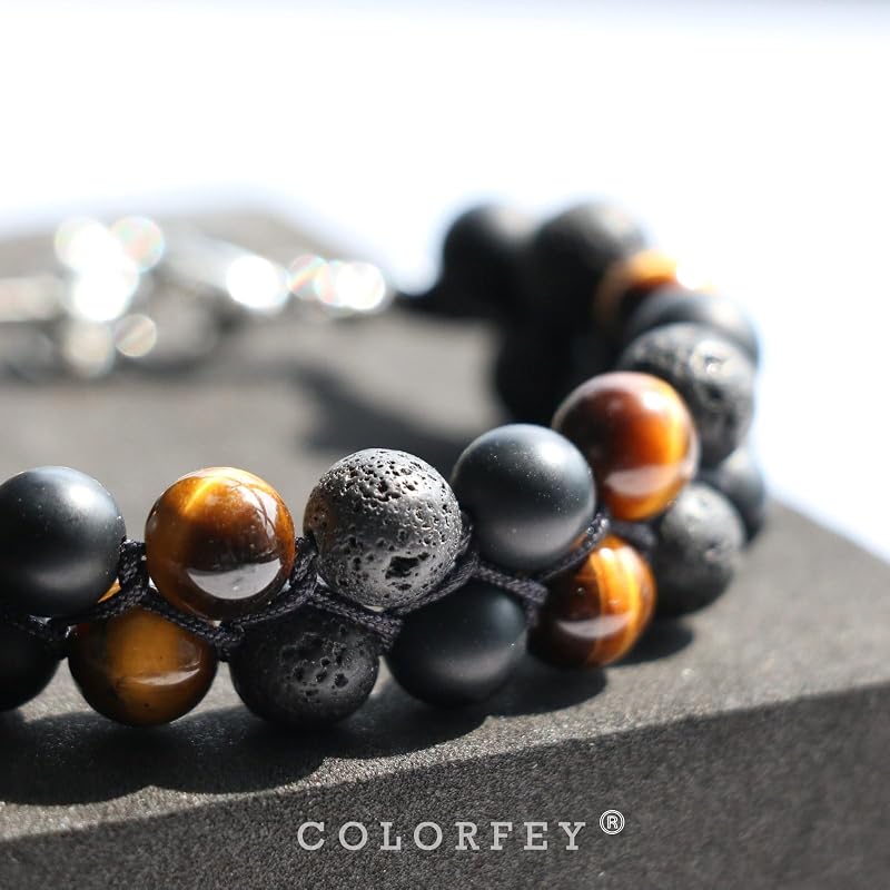 Protection Crystal Beaded Bracelet for Men, Mens Triple Protection Bracelet Tiger Eye Black Onyx Lava Bead Bracelet, Premium Handcrafted 2Row Bracelets Energy Crystal Jewelry for Balance