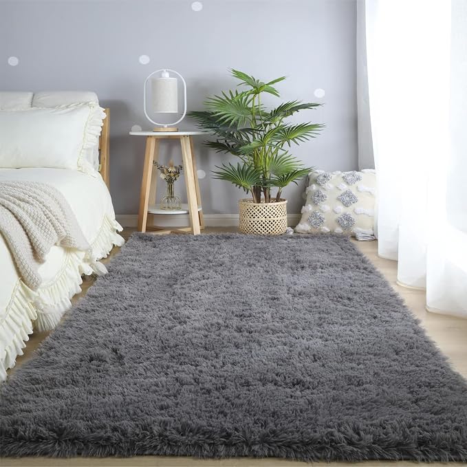 Gray Area Rug for Bedroom 3x5 - Fluffy Soft Carpet Bedside Dorm | Plush fuzzy soft carpet for college girls dorm - Non-slip bedside rug - Shag rug for living room - Memory foam comfort