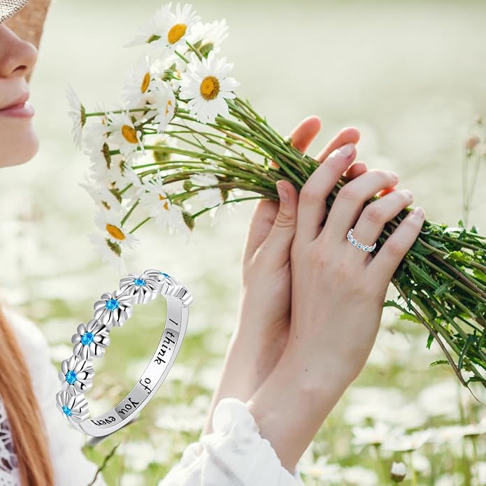 Dainty Daisy Ring for Women, S925 Sterling Silver Cubic Zirconia Sunflower Flower Ring For Daughter, I Think Of You Every Daisy Ring, Birthstone Flower Ring