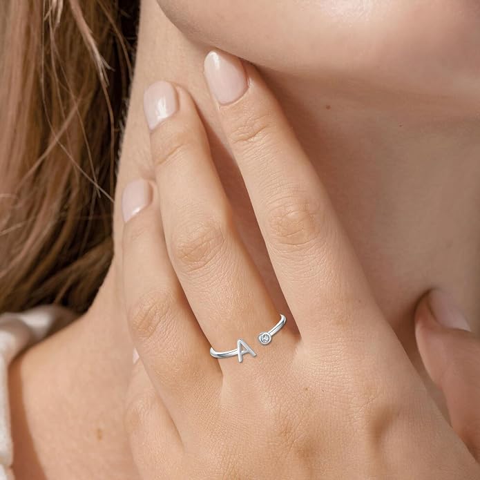 925 Sterling Silver Initial Letter Birthstone Rings for Women Adjustable 1-12 Month Birthstone Alphabet Stacking Ring for Teens Girls Stackable Birthstone Rings Birthday Jewelry Gift for Daughter Mom