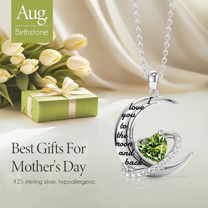 Distance I Love You to The Moon and Back Necklace for Women, S925 Sterling Silver Forever Love Heart Birthstone Necklace, Anniversary Birthday Jewelry for Wife Lover