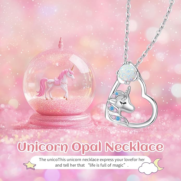 CDE Christmas Gift for women Cute Unicorn Birthstone Necklace for Girls Daughter 925 Sterling Silver Opal Heart Pendant Graduation Birthday Christmas Jewelry Gift for Teenage Girls Niece