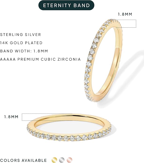 PAVOI Gold Plated Solid 925 Sterling Silver CZ Simulated Diamond Stackable Ring Eternity Bands for Women