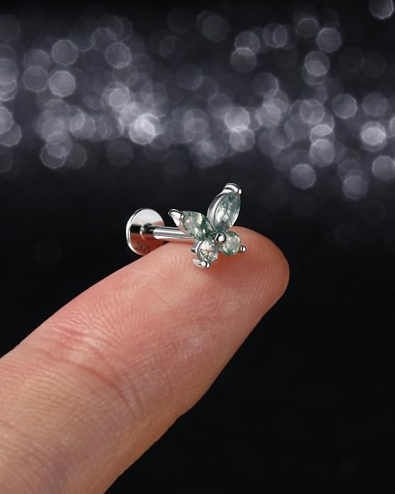 Jewseen Celtic knot&Butterfly Moss Agate Stud Earrings Dangle Internal Threaded Flat Back 16g 8mm Hypoallergenic 925 Sterling Silver Piercing Jewelry for Cartilage Lip Conch Tragus Helix