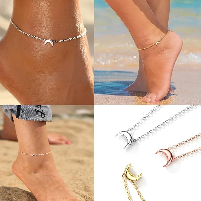 ChicSilver Personalized 925 Sterling Silver Tiny Heart/Moon/Star/Sun/Dot/Triangle Anklets Simple Dainty Foot Jewelry for Women, Silver/Gold Plated/Rose Gold Plated