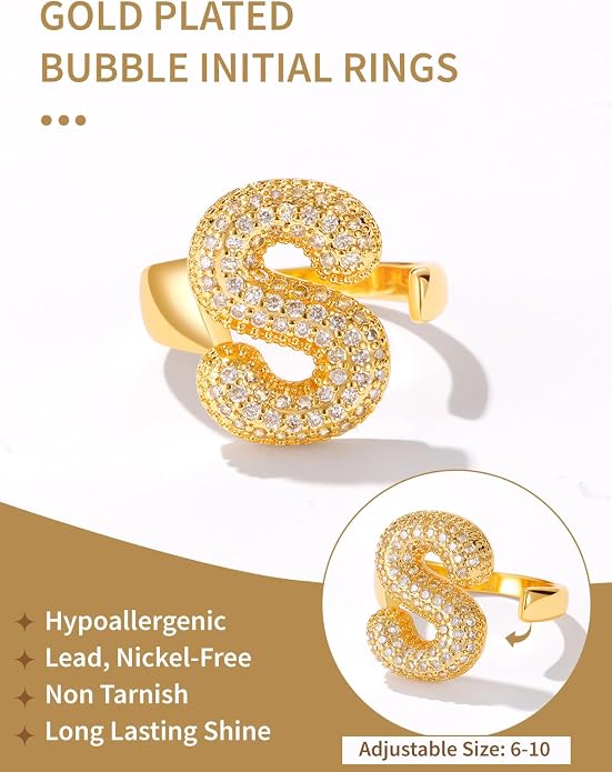 FindChic Initial Ring for Women, Gold Plated Chunky Letter Rings Open Adjustable Trendy Sparkling Cubic Zirconia Personalized Statement Rings Jewelry Gift
