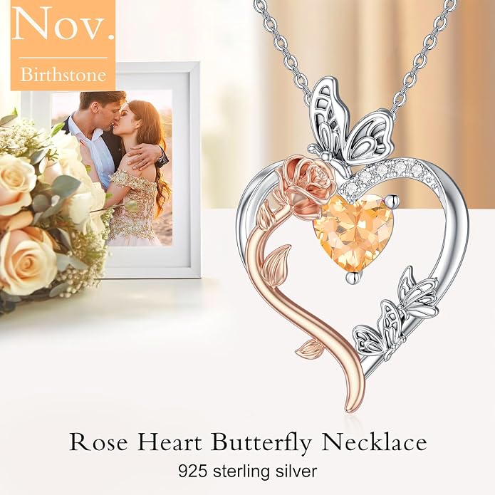 TOUPOP Rose Heart Birthstone Necklace 925 Sterling Silver Heart Butterfly Pendant Love Jewelry Birthday Gifts for Women Wife Mom Her