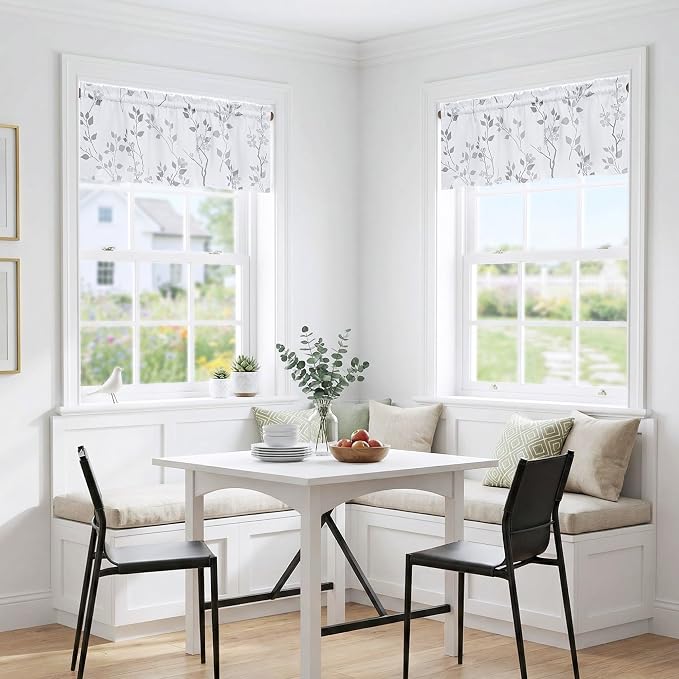 Beauoop Floral Valance Curtains for Kitchen Grey White 52X18 Inch 1 Panel | Flower Patterned Blackout Short Curtains for Living Room Bedroom Cafe 18 Inch Length Thermal Small Window Curtains Rod Pocket