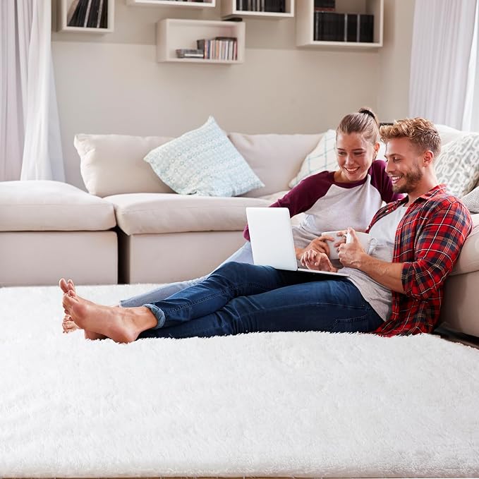 White 10x12 Area Rug Living Room - Large Soft Fluffy Non-Slip Carpet | Cloud-Soft Comfort: Microfiber Memory Foam Layers Cradle Every Step - Cozy Warmth Your Whole Family Will Sink Into Daily
