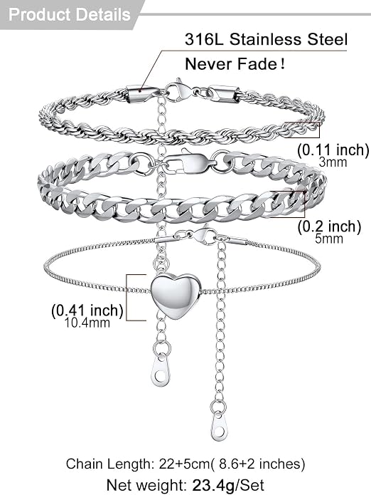 U7 2Pcs/3Pcs Ankle Bracelets for Women, Stainless Steel Cuban Link/Figaro/Rope/Heart Chain Anklets Sets,Waterproof Layered Anklets Adjustable 8.5"-10.5"