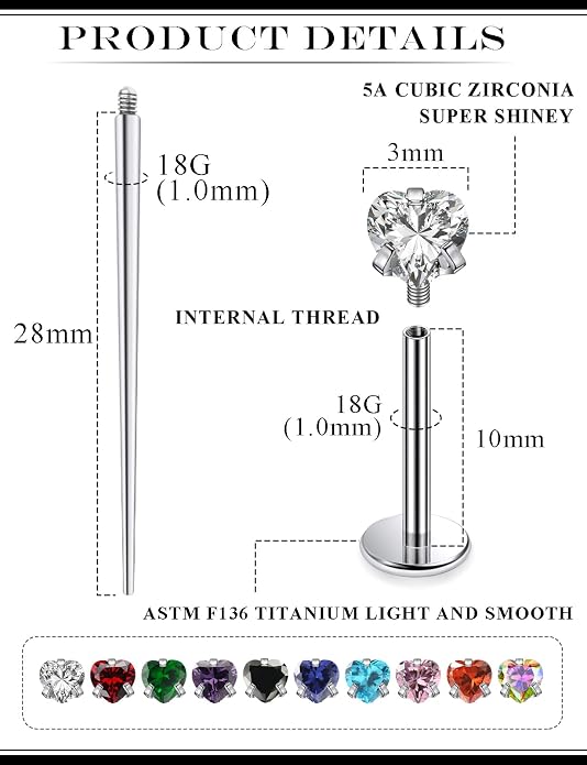20G 18G 16G Astm F136 Titanium Internal Thread Flat Back Earrings Nose Studs Tragus Helix Conch Cartilage Lobe Earrings Medusa Labret Snake Bite Monroe Lip Ring Piercing Jewelry For Women Men