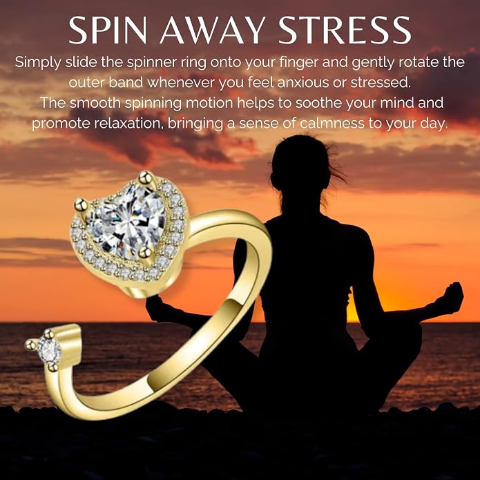 Halukakah 18K Gold/Platinum Plated Anxiety Spinning Ring: Stylish Diamond Heart Stress Relief Jewelry with Beads Spinner,Himalaya Salt Added,Size Adjustable,Gift for Women,Teens,Girls,Daughter,and Mom