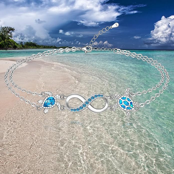 Fenthring Turtle Anklets for Women Turtle Ankle Bracelet Blue Opal Sea Sterling Silver Infinity Wave Ocean Beach Summer Jewelry Mothers Day