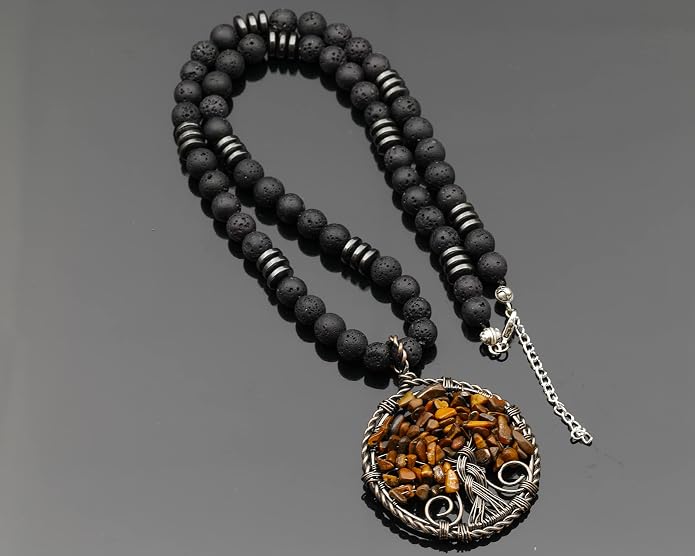 ElisaJewelryArt - Natural Labradorite Big Tree Of Life Black Lava Stone Beaded Necklace Genuine Gemstone Energy Stone Clasp Closure Necklace Unisex Necklace