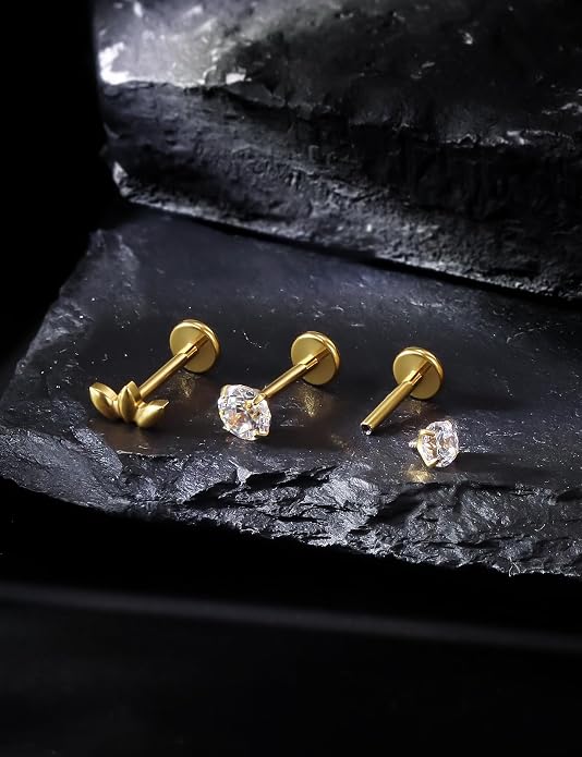20G 18G 16G Astm F136 Titanium Internal Thread Flat Back Earrings Nose Studs Tragus Forward Helix Conch Cartilage Lobe Earring Stud Medusa Labret Monroe Lip Ring Piercing Jewelry For Women Men