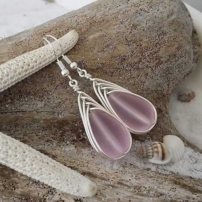 Handmade Sea Glass Earrings, Hawaiian Jewelry, Wire Braided Earrings Teardrop Earrings, Beach Jewelry Sea Glass Jewelry For Women Birthday Gift