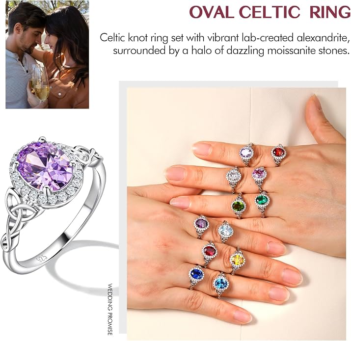 DAYBYDAY Celtic Birthstone Rings for Women 925 Sterling Silver Heart/Round/Pear/Oval Created Gemstone Moissanite Halo Engagement Promise Rings for Her Wife Birthday Anniversary Wedding Jewelry