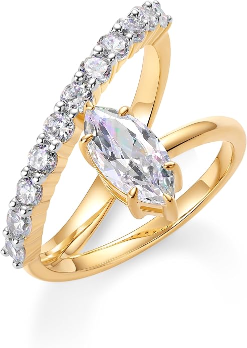 PAVOI 14K Gold Plated Wavy Engagement Ring for Women | Solitaire Cubic Zirconia Wedding Band & Promise Rings for Her | Trendy Fashion Jewelry